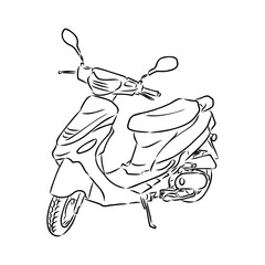 Retro scooter hand drawn ink line art, moped vector illustration isolated on white