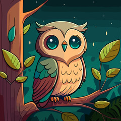  Cute Little Owl Owlet in a Fairy Forest. Flat Cartoon Vector Illustration for Children
