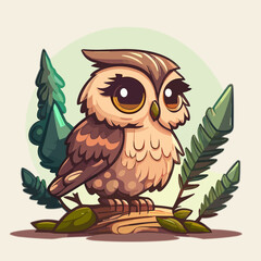  Cute Little Owl Owlet in a Fairy Forest. Flat Cartoon Vector Illustration for Children