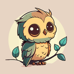  Cute Little Owl Owlet in a Fairy Forest. Flat Cartoon Vector Illustration for Children