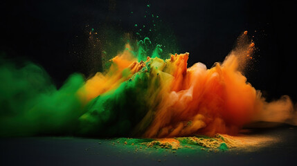 Orange and green color powder splash. Concept for India independence day, generative ai