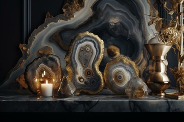 Grey and gold agate motif banner for posh interiors. Generative AI