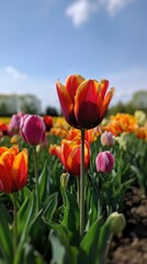 Colorful open field with beautiful tulips. Generative AI