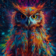 Abstract colorful owl in the night. Generative AI