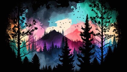 Colorful forest and mountain silhouette background. Generative  AI 