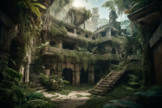 Concept art depicting a hidden fortress within tropical foliage. Generative AI