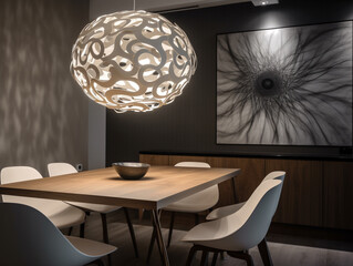 Dining room in the apartment with modern decoration and design. Pendant light and beautiful feature wall decorations. Medium size space and the interior lighting are aided by the large windows.
