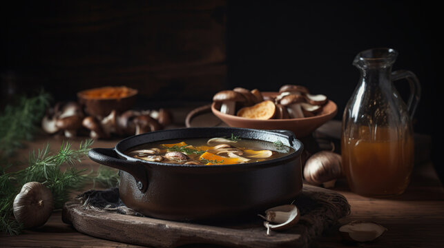 Delicious hot porcini soup in copper pan. Tasty seasonal autumn meal. Fresh mashrooms illustrate ingredients. Concept of homemade russian food. Dark wooden background, generative ai