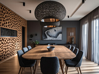 Dining room in the apartment with modern decoration and design. Pendant light and beautiful feature wall decorations. Medium size space and the interior lighting are aided by the large windows.
