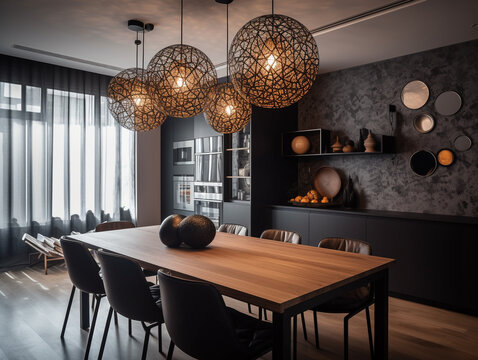 Dining Room In The Apartment With Modern Decoration And Design. Pendant Light And Beautiful Feature Wall Decorations. Medium Size Space And The Interior Lighting Are Aided By The Large Windows.
