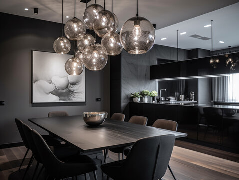 Dining room in the apartment with modern decoration and design. Pendant light and beautiful feature wall decorations. Medium size space and the interior lighting are aided by the large windows.
