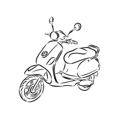 Retro scooter hand drawn ink line art, moped vector illustration isolated on white