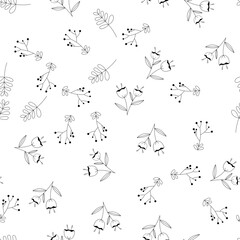 Seamless pattern of Hand drawn wild flowers background. Drawing doodle stroke outline. Art abstract concept. Floral and Nature theme. Thin line sketch. Isolated white background. Vector illustration. 