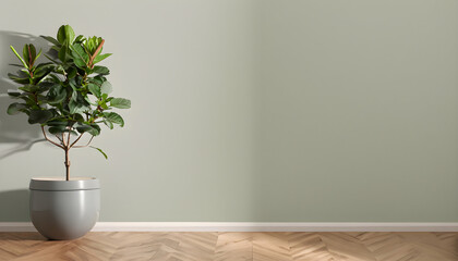 plant in a vase,decoration, appliance, Clean, blank sage green wall with tropical fiddle leaf fig tree in gray round ceramic pot on brown parquet floor in sunlight for interior design, Ai generated 