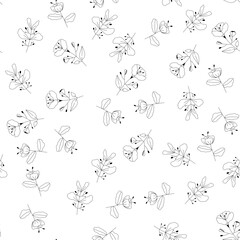 Seamless pattern of Hand drawn wild flowers background. Drawing doodle stroke outline. Art abstract concept. Floral and Nature theme. Thin line sketch. Isolated white background. Vector illustration. 