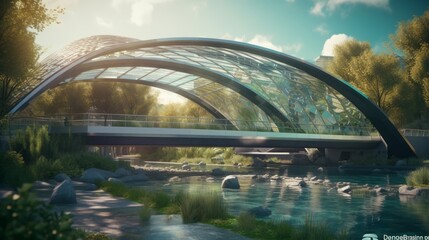 Immerse Yourself in a Cinematic Future: Fascinating Architecture, River, and Bridge with Hyper-detailed Brilliance and Gorgeous Color Grading, Generative ai