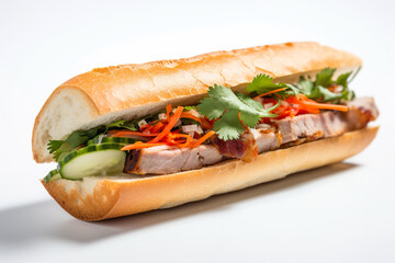 Banh Mi, Vietnamese sandwich made with a French baguette, pickled vegetables, meat and tasty sauce, AI generative