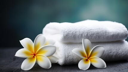 Obraz na płótnie Canvas spa composition with White Towels, plumeria frangipani flower ,Generative AI 