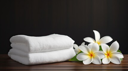 Fototapeta na wymiar spa composition with White Towels, plumeria frangipani flower ,Generative AI 