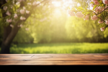 Naklejka na ściany i meble Summer garden with flowering tree and blurred background with empty wooden table with free space for product display and mockup, copy space, small depth of field, ai generated – human enhanced