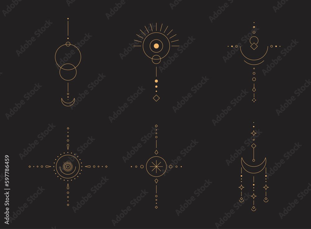 Aufkleber set of moon and sun line art. minimal boho linear symbols. celestial mystic element. vector line art