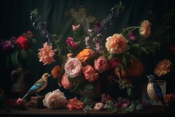 Obraz na płótnie Canvas Vintage botanical art with flowers and animal. Delicate floral backdrop. Generative AI
