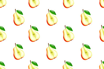 Seamless pattern with Cartoon Pear. Pears Slice endless ornament. Vector illustration. Summer Fruit background. Wallpaper and bed linen print. Kitchen apron design.