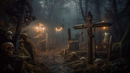 Fototapeta na wymiar Graveyard At Night With Pumpkins And Skeletons - Halloween Card In Forest With Wooden Sign Board, generative ai