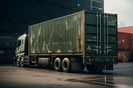 A trailer truck parked beside cargo containers. Generative AI