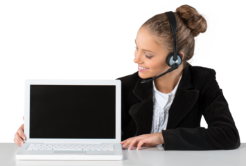 Beautiful young businesswoman with headset showing a laptop