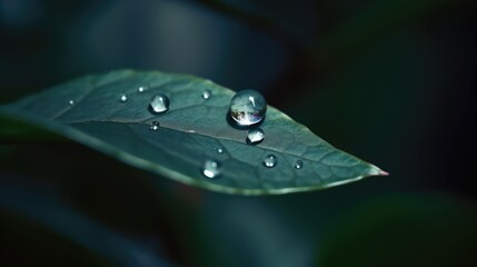 Close up view of raindrops on green leaf. Generative AI