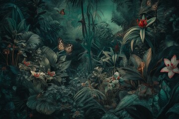 Fototapeta na wymiar Vintage jungle wallpaper with blue background and flora and fauna motifs. Generative AI