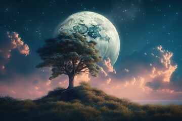A serene summer night with tree-shaped clouds and a glowing moon in the sky. Surreal fairy tale artwork. Generative AI