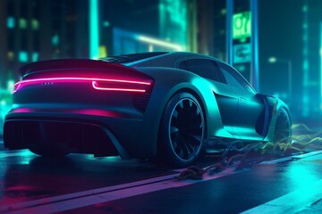 Electric car charging with neon lights. Sustainable concept. 3D render. Generative AI