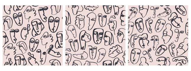 Vector set of seamless patterns. Hand drawn cubism style faces, women and men portraits art background, abstract one line doodle sketch.
