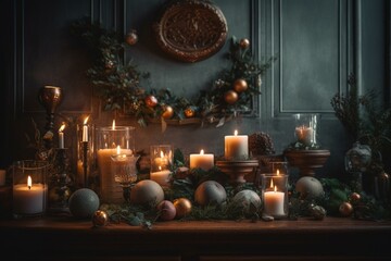 Festive yuletide wallpaper featuring candles, ornaments and cozy hearth. Generative AI