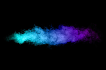 Beautiful horizontal column of smoke in the neon bright light of blue pink and orange on a black background exhaled out of the vape. Nice pattern for printing and backdrop of colored waves.