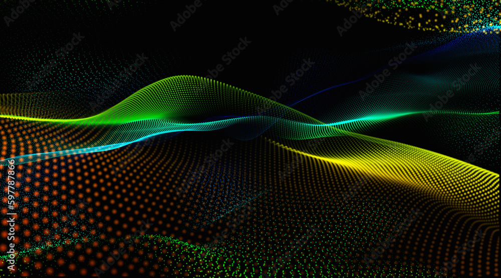 Poster dynamic particles sound wave flowing over dark. halftone graphic dots waves. connection structure. b