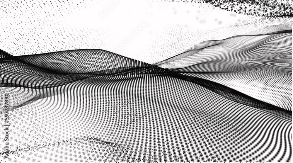 Poster abstract waving particle technology background design. dynamic particles sound wave flowing over dar