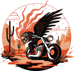 Vector rider with wings ride motorcycle through a desert