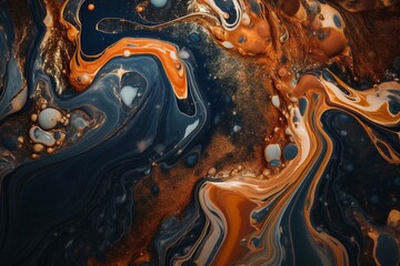 A contemporary artwork in navy blue and orange with swirling marble and rippling agate. Beautiful natural wallpaper with gold glitter. Generative AI
