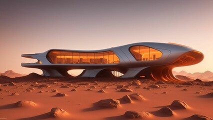 Landscape of a sci-fi futuristic cyberpunk house on the surface of planet Mars at dusk - Generative AI Illustration