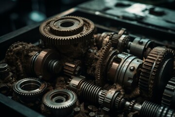 Fototapeta na wymiar Numerous interlocking gears in a machine or engine. Generative AI