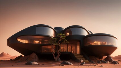 Fototapeta na wymiar Landscape of a sci-fi futuristic cyberpunk house on the surface of planet Mars at dusk - Generative AI Illustration