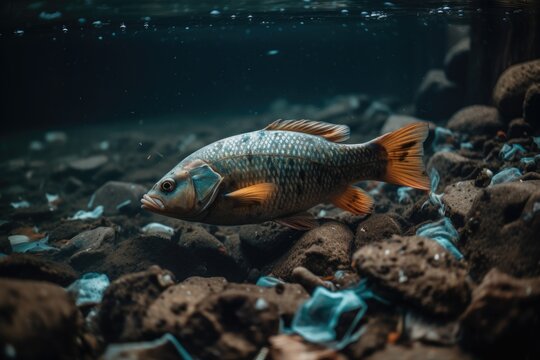 A fish in a polluted river with trash floating by