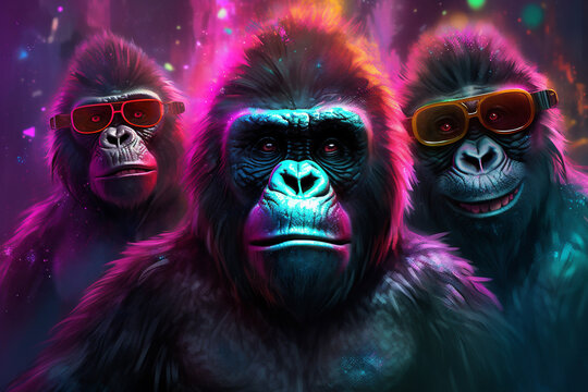 3 fr&ouml;hliche Gorrilas mit coolen Brillen in Partystimmung. Generative Ai. 