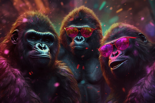 3 fr&ouml;hliche Gorrilas mit coolen Brillen und Konfetti in Partystimmung. Generative Ai. 