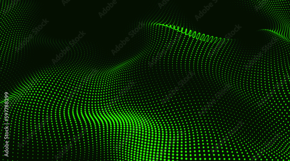 Poster Green color background animation cyber or technology background. Abstract Trapcode Form digital particle wave. Animation cyber or technology background.