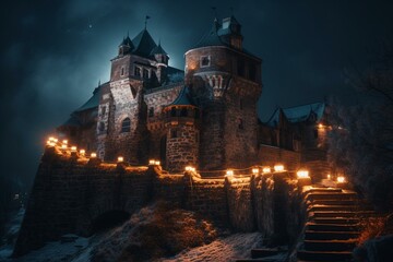 Fototapeta na wymiar Beautiful fortress glows with magical lights. Generative AI