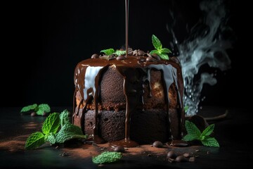 Indulgent mint chocolate cake dripping with chocolate sauce. Generative AI
